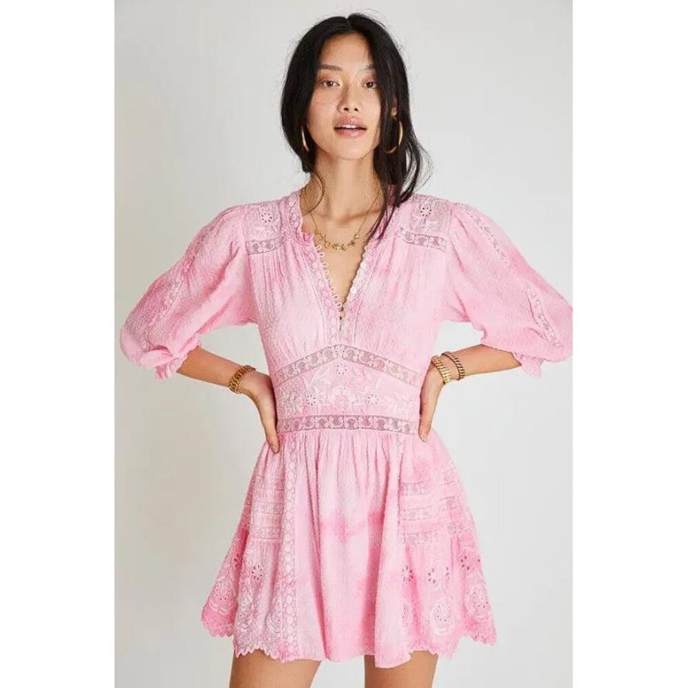 LOVESHACKFANCY Women's Leno Tie-Dyed Broderie Anglaise Cotton Mini Dress Size 2